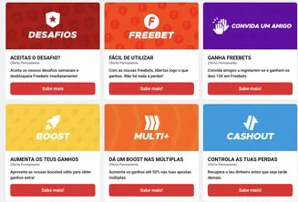 Seis promoções permanentes da Betclic: Desafios, Freebet, Convida um Amigo, Boost, Multi+, Cashout.